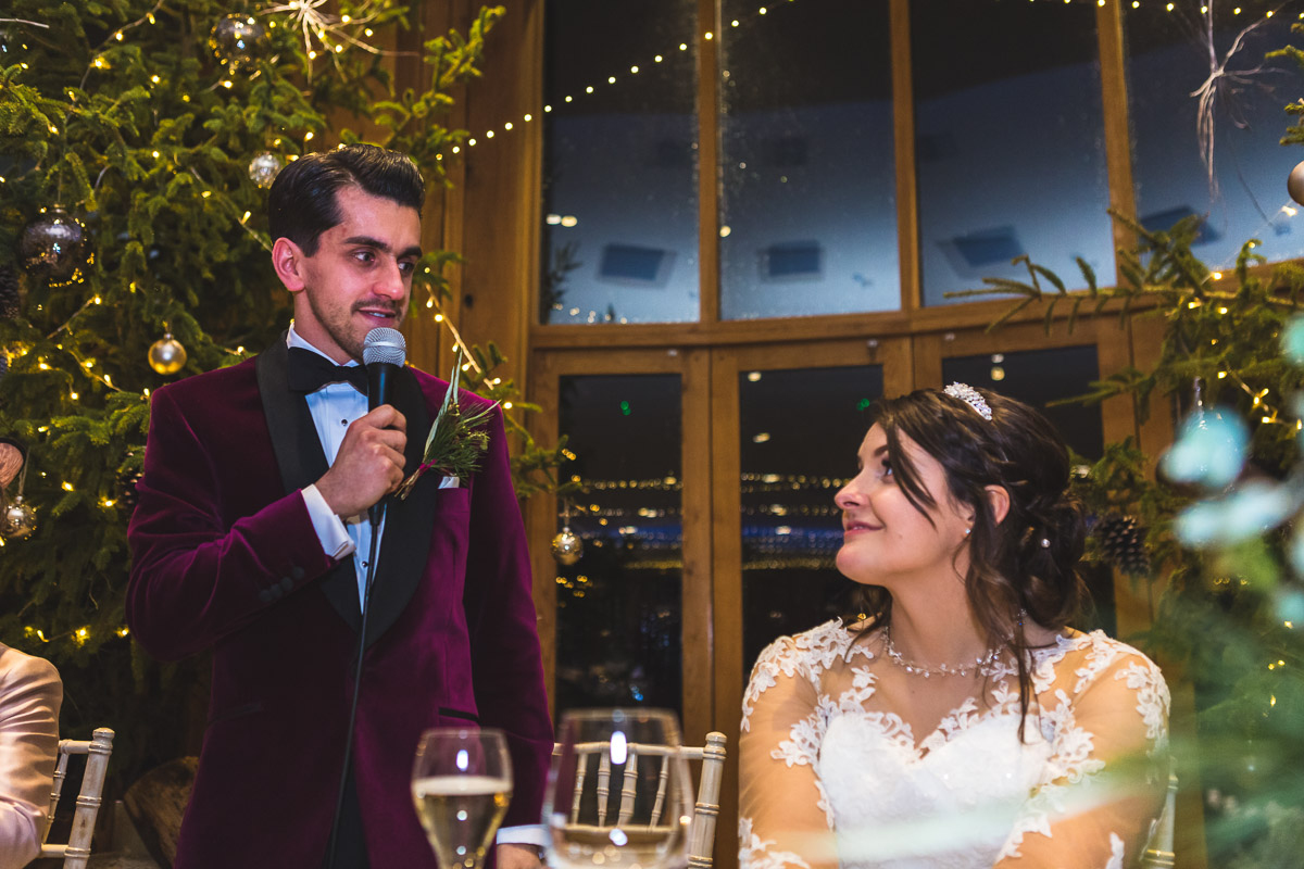 A groom addresses his bride during his wedding speech at The Out Barn in Clough Bottom