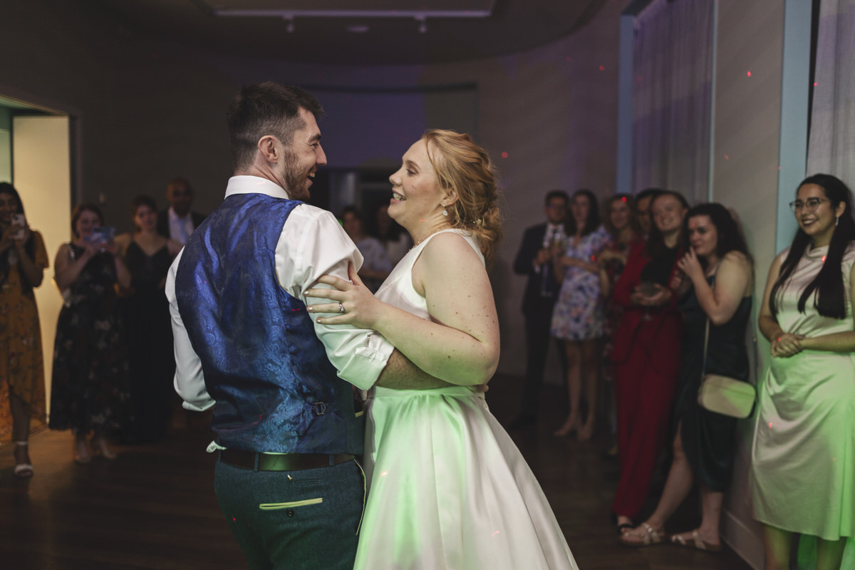 Newlyweds during their first dance at a wedding